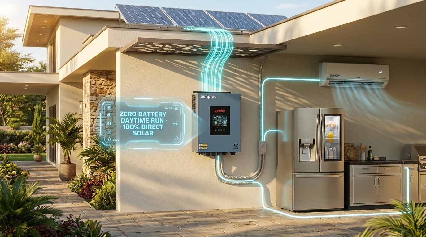Actual Apollo Sunprox Running AC & Fridge Directly on Solar